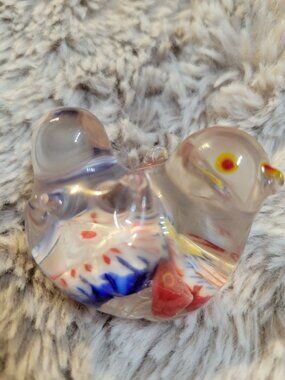 Clear Glass Double Bird Milliefiori Paperweight 1.25x2.75 Red Yellow Blue Vtg